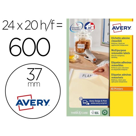 Etiqueta adhesiva avery blanca redonda removible para laser ink-jet fotocopiadora 37 mm caja de 600 unidades