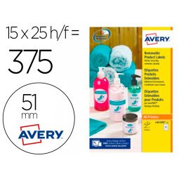 Etiqueta adhesiva avery blanca redonda removible para laser ink-jet fotocopiadora 51 mm caja de 375 unidades