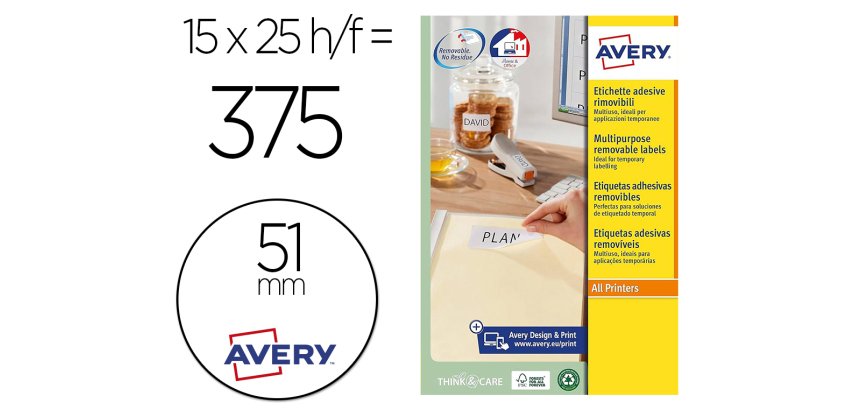 Etiqueta adhesiva avery blanca redonda removible para laser ink-jet fotocopiadora 51 mm caja de 375 unidades