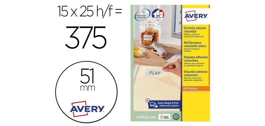 Etiqueta adhesiva avery blanca redonda removible para laser ink-jet fotocopiadora 51 mm caja de 375 unidades
