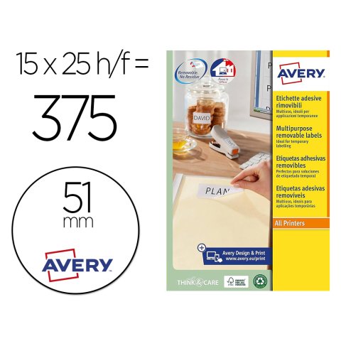 Etiqueta adhesiva avery blanca redonda removible para laser ink-jet fotocopiadora 51 mm caja de 375 unidades