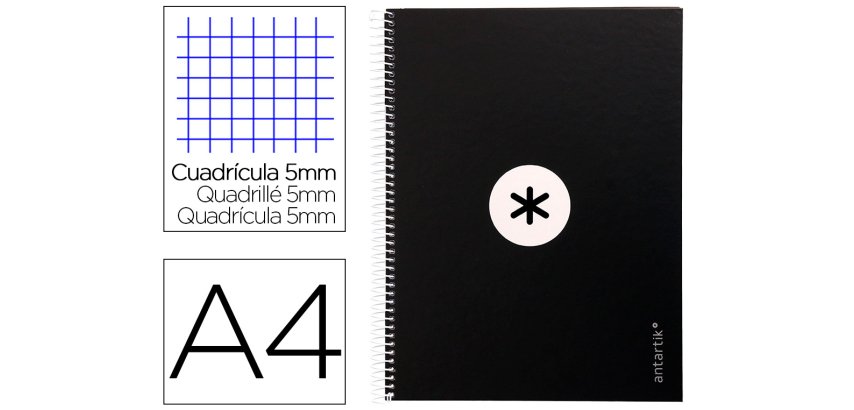 Cuaderno espiral a4 micro antartik tapa forrada 80h 90 gr cuadro 5mm 1 banda 4 taladros negro