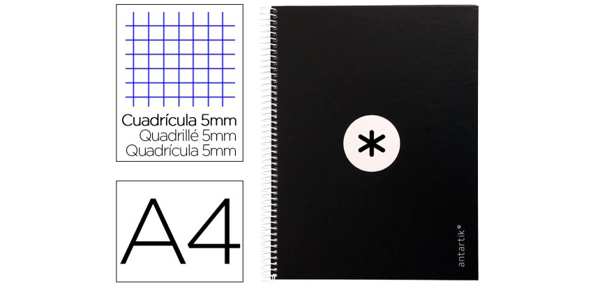 Cuaderno espiral a4 micro antartik tapa forrada 80h 90 gr cuadro 5mm 1 banda 4 taladros negro