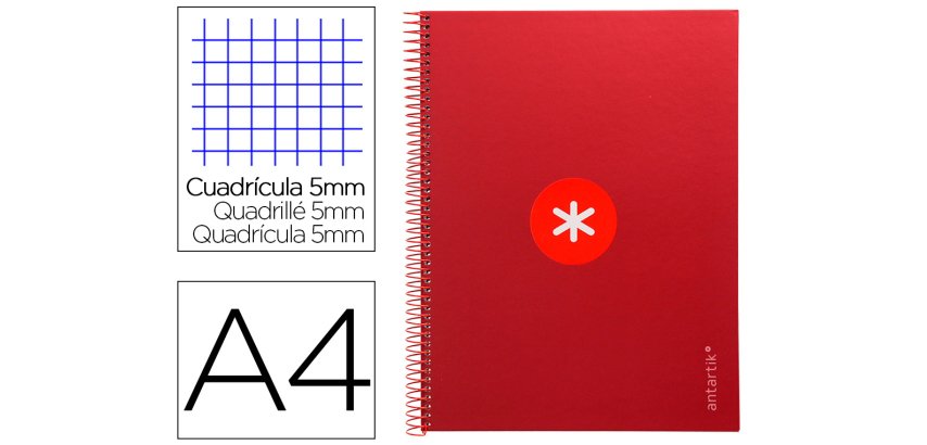 Cuaderno espiral a4 micro antartik tapa forrada 80h 90 gr cuadro 5mm 1 banda 4 taladros frambuesa