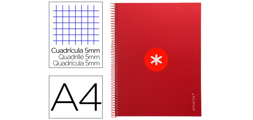 Cuaderno espiral a4 micro antartik tapa forrada 80h 90 gr cuadro 5mm 1 banda 4 taladros frambuesa