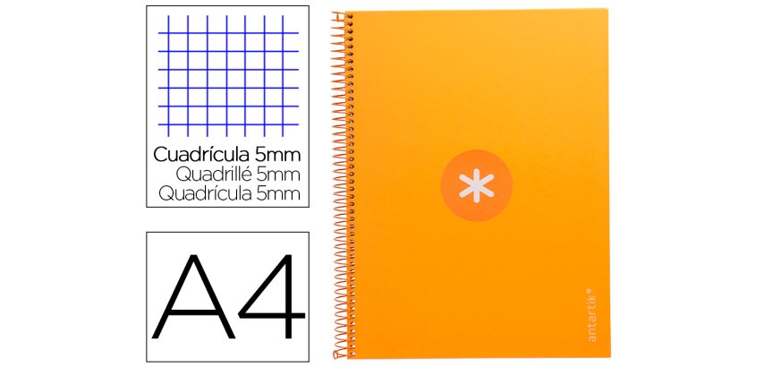 Cuaderno espiral a4 micro antartik tapa forrada 80h 90 gr cuadro 5mm 1 banda 4 taladros mostaza