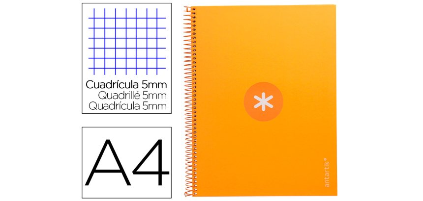 Cuaderno espiral a4 micro antartik tapa forrada 80h 90 gr cuadro 5mm 1 banda 4 taladros mostaza