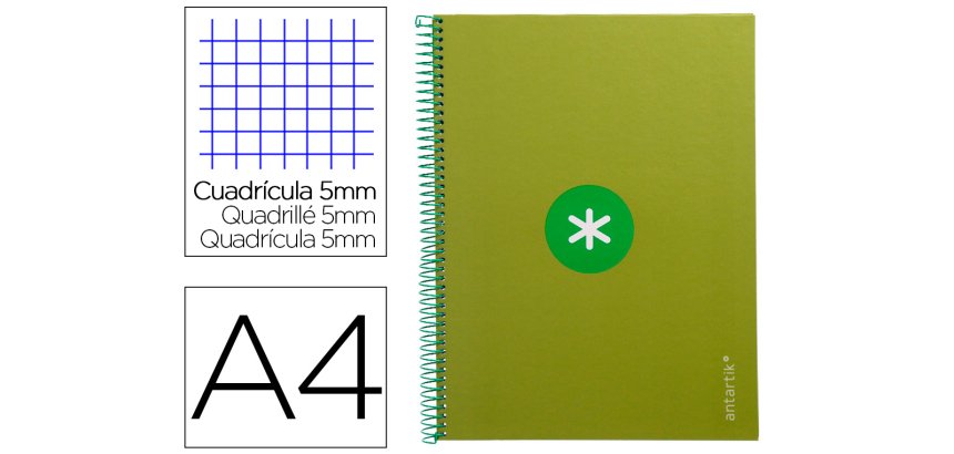 Cuaderno espiral a4 micro antartik tapa forrada 80h 90 gr cuadro 5mm 1 banda 4 taladros verde