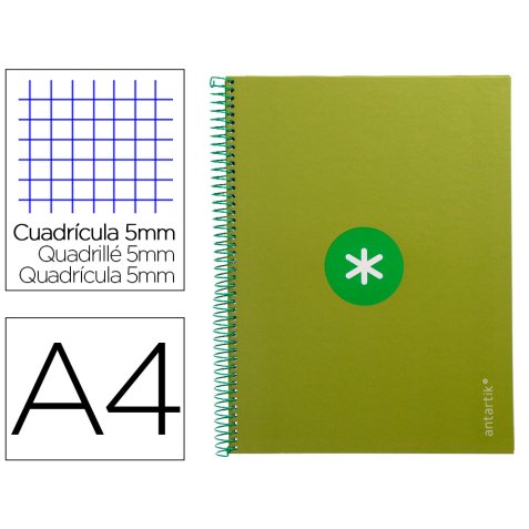 Cuaderno espiral a4 micro antartik tapa forrada 80h 90 gr cuadro 5mm 1 banda 4 taladros verde