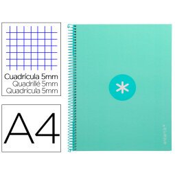 Cuaderno espiral a4 micro antartik tapa forrada 80h 90 gr cuadro 5mm 1 banda 4 taladros menta