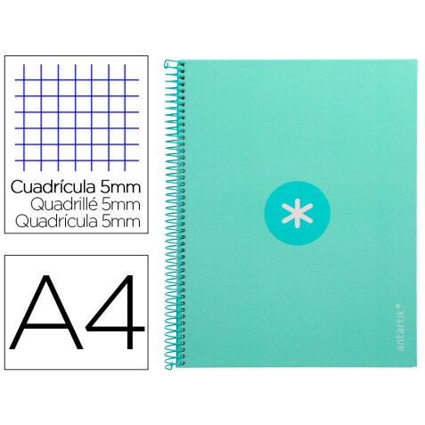 Cuaderno espiral a4 micro antartik tapa forrada 80h 90 gr cuadro 5mm 1 banda 4 taladros menta