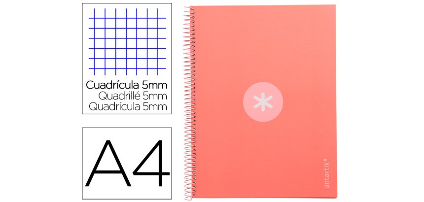 Cuaderno espiral a4 micro antartik tapa forrada 80h 90 gr cuadro 5mm 1 banda 4 taladros rosa claro