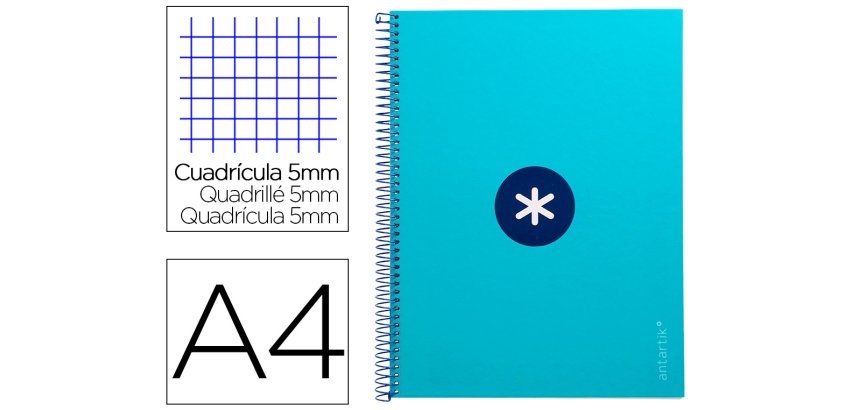 Cuaderno espiral a4 micro antartik tapa forrada 80h 90 gr cuadro 5mm 1 banda 4 taladros turquesa