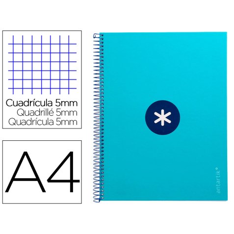 Cuaderno espiral a4 micro antartik tapa forrada 80h 90 gr cuadro 5mm 1 banda 4 taladros turquesa