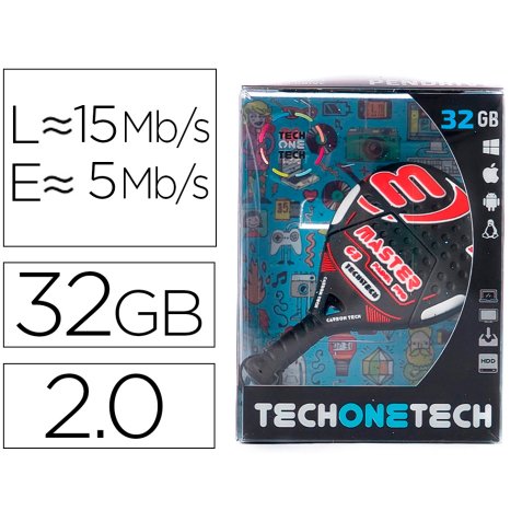 Memoria usb tech on tech raqueta padel roja 32 gb