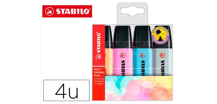 Rotulador stabilo boss fluorescente 70 pastel estuche de 4 unidades colores