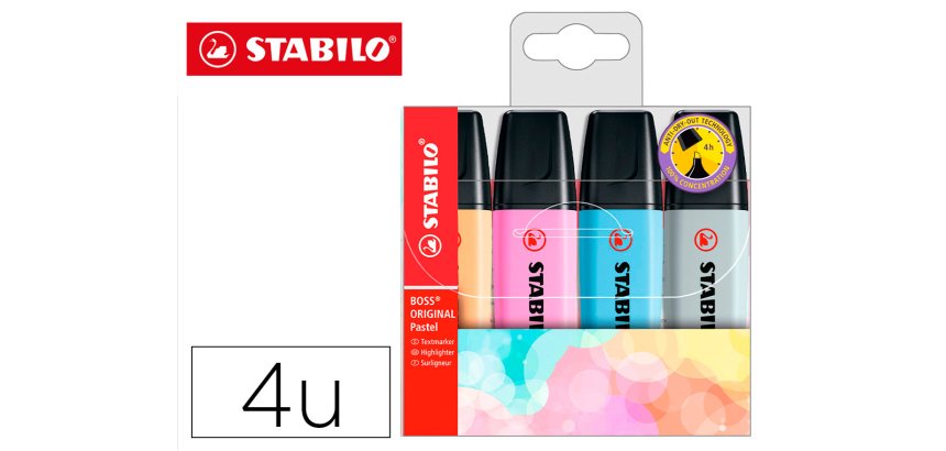 Rotulador stabilo boss fluorescente 70 pastel estuche de 4 unidades colores