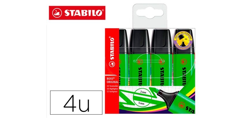 Rotulador stabilo boss fluorescente 70 verde estuche de 4 unidades