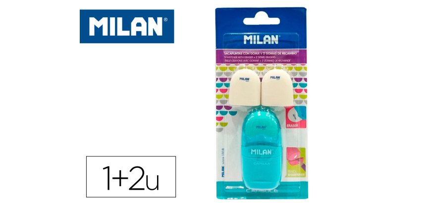 Sacapuntas milan capsule plastico 1 uso con goma + 2 recambios de goma en blister