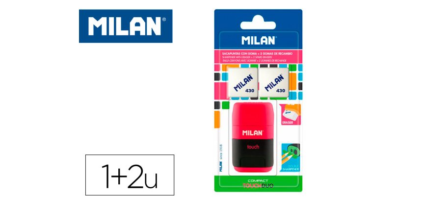 Sacapuntas milan compact touch duo plastico 2 usos con goma + 2 recambios de goma en blister