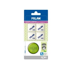 Sacapuntas milan spin plastico 1 uso + 4 gomas de borrar 430