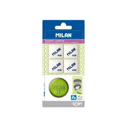 Sacapuntas milan spin plastico 1 uso + 4 gomas de borrar 430