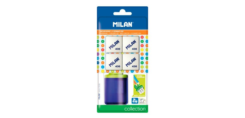 Sacapuntas milan collection plastico 2 usos + 4 gomas de borrar 430