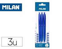 Boligrafo milan p1 retractil 1 mm touch azul blister de 3 unidades