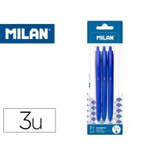 Boligrafo milan p1 retractil 1 mm touch azul blister de 3 unidades