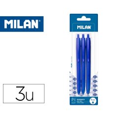 Boligrafo milan p1 retractil 1 mm touch azul blister de 3 unidades
