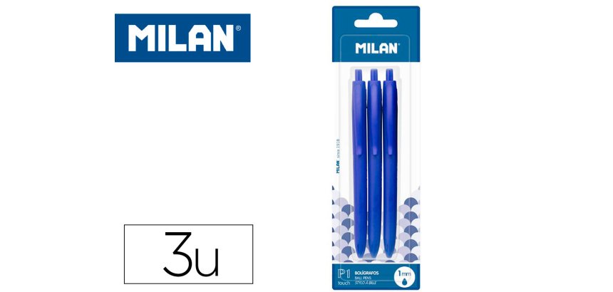 Boligrafo milan p1 retractil 1 mm touch azul blister de 3 unidades
