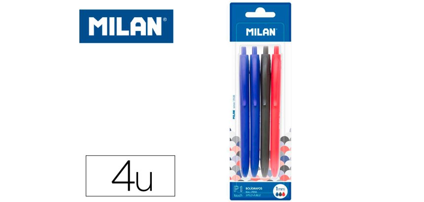 Boligrafo milan p1 retractil 1 mm touch blister de 4 unidades colores surtidos