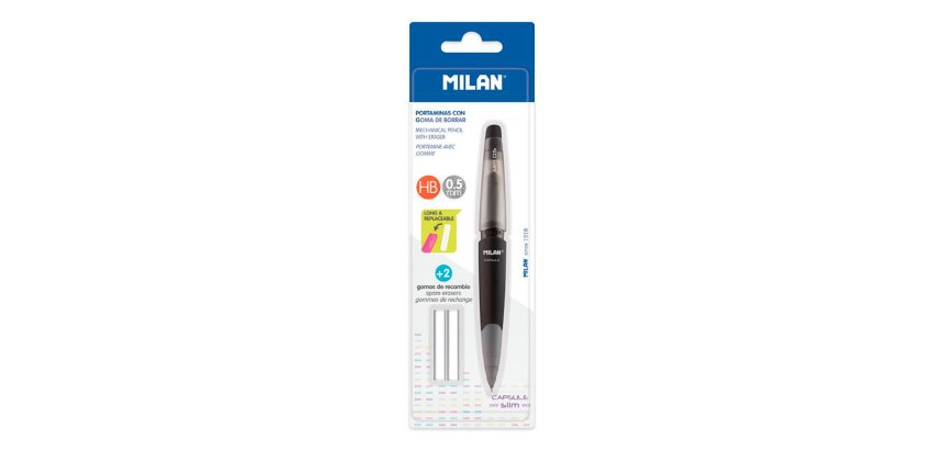 Portaminas milan capsule slim 0,5 mm + 2 recambios de goma en blister
