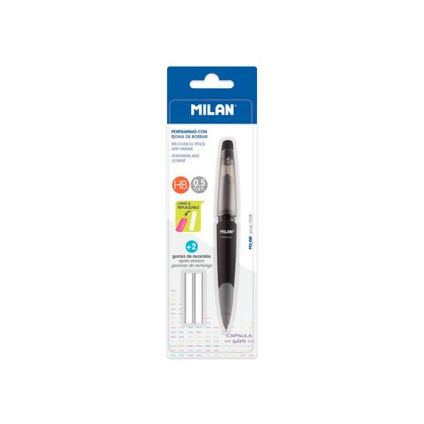 Portaminas milan capsule slim 0,5 mm + 2 recambios de goma en blister