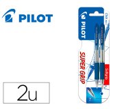 Boligrafo pilot super grip azul retractil sujecion de caucho tinta base de aceite en blister de 2 unidades