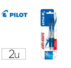 Boligrafo pilot super grip azul retractil sujecion de caucho tinta base de aceite en blister de 2 unidades