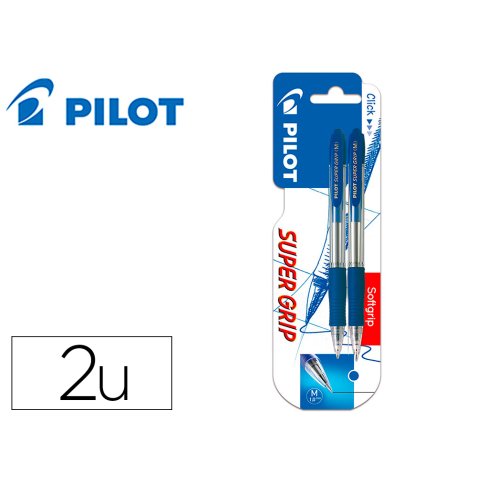 Boligrafo pilot super grip azul retractil sujecion de caucho tinta base de aceite en blister de 2 unidades