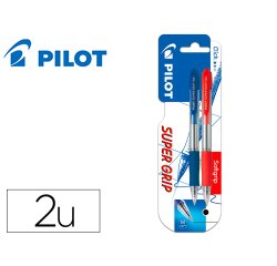 Boligrafo pilot super grip retractil sujecion de caucho tinta base de aceite en blister 1 azul + 1 rojo