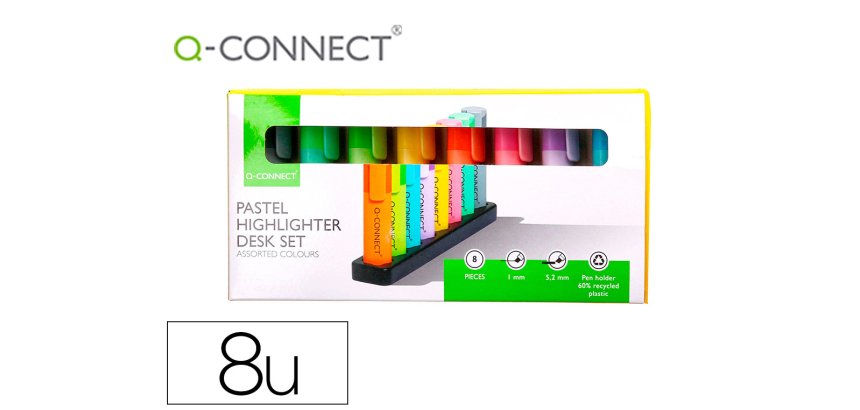Rotulador q-connect fluorescente pastel punta biselada estuche de sobremesa 8 colores surtidos