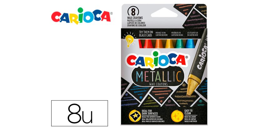 Lapices cera carioca metallic triangular caja de 8 unidades colores surtidos