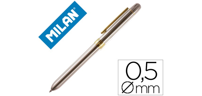 Boligrafo milan multifuncion cromado adornos dorados azul/rojo/portaminas 0,5 mm/ goma de borrar en caja metal