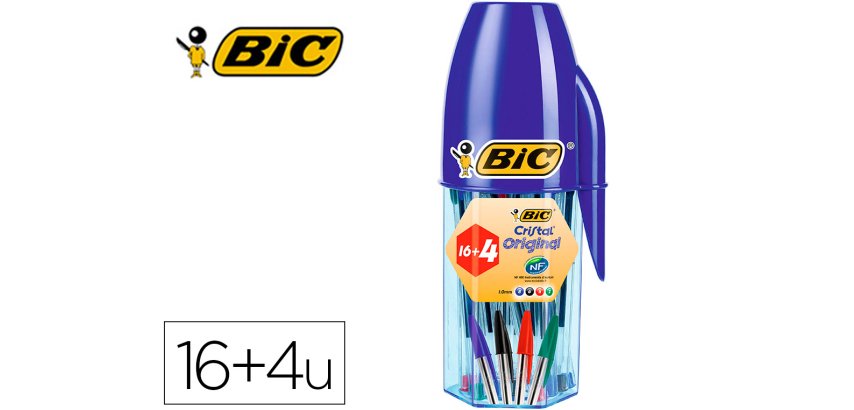 Boligrafo bic cristal mega tubo 16+4 unidades colores surtidos 8 azules / 5 negros / 4 rojos/ 3 verdes