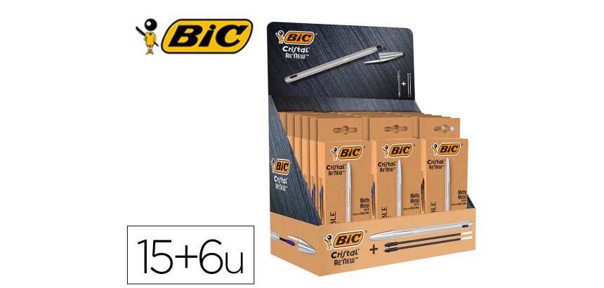 Boligrafo bic cristal renew 21 expositor 15 unidades azul + 6 negro regalo 50 bic cristal azul