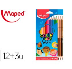 Lapices de colores maped color peps world caja de 12 colores surtidos + 3 duo tonos de piel