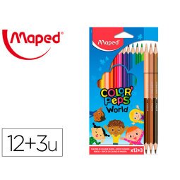 Lapices de colores maped color peps world caja de 12 colores surtidos + 3 duo tonos de piel