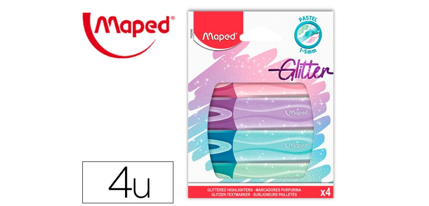 Rotulador maped fluorescente peps pastel con glitter estuche de 4 unidades colores surtidos