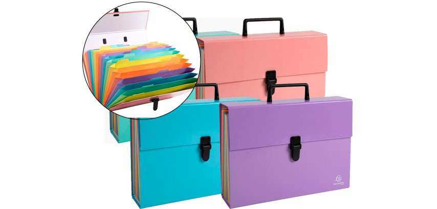 Maletín Exacompta Aquarel con fuelle cartón forrado 18 departamentos colores surtidos