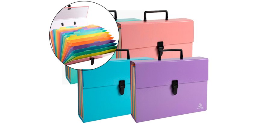 Maletín Exacompta Aquarel con fuelle cartón forrado 18 departamentos colores surtidos