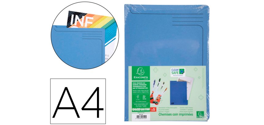 Carpeta dossier uñero exacompta clean safe cartulina 400 gr din a4 azul paquete de 5 unidades