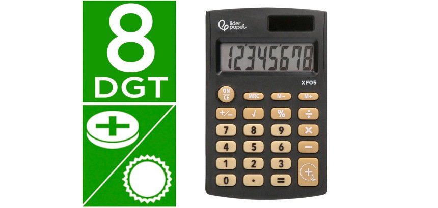 Calculadora liderpapel bolsillo xf05 8 digitos solar y pilas color negro 98x62x8 mm